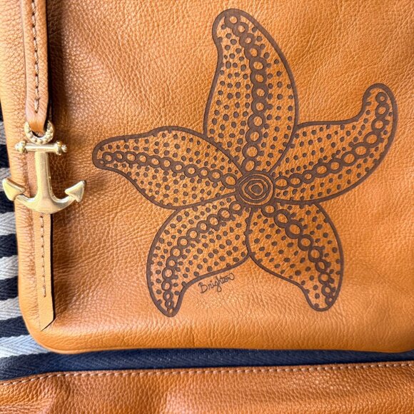 Brighton Coastal Starfish Harbor Tote Anchor Charm Bag – Tan Leather & Navy Stri - Picture 3 of 8